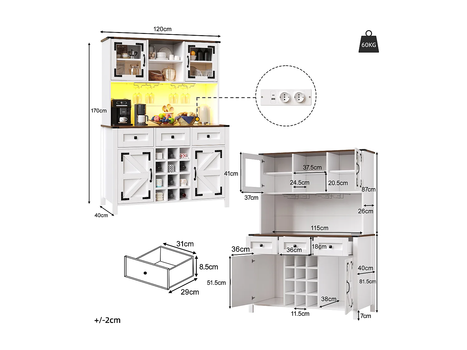 Buffet haut de cuisine moderne - 120 x 40 x 170 cm - avec Leds + USB + 4 portes + 3 tiroirs + étagères - MDF + verre - blanc