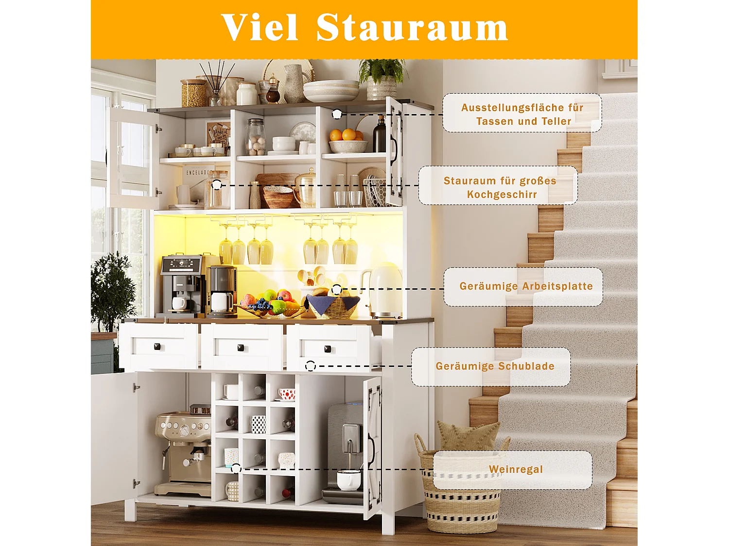 Buffet haut de cuisine moderne - 120 x 40 x 170 cm - avec Leds + USB + 4 portes + 3 tiroirs + étagères - MDF + verre - blanc