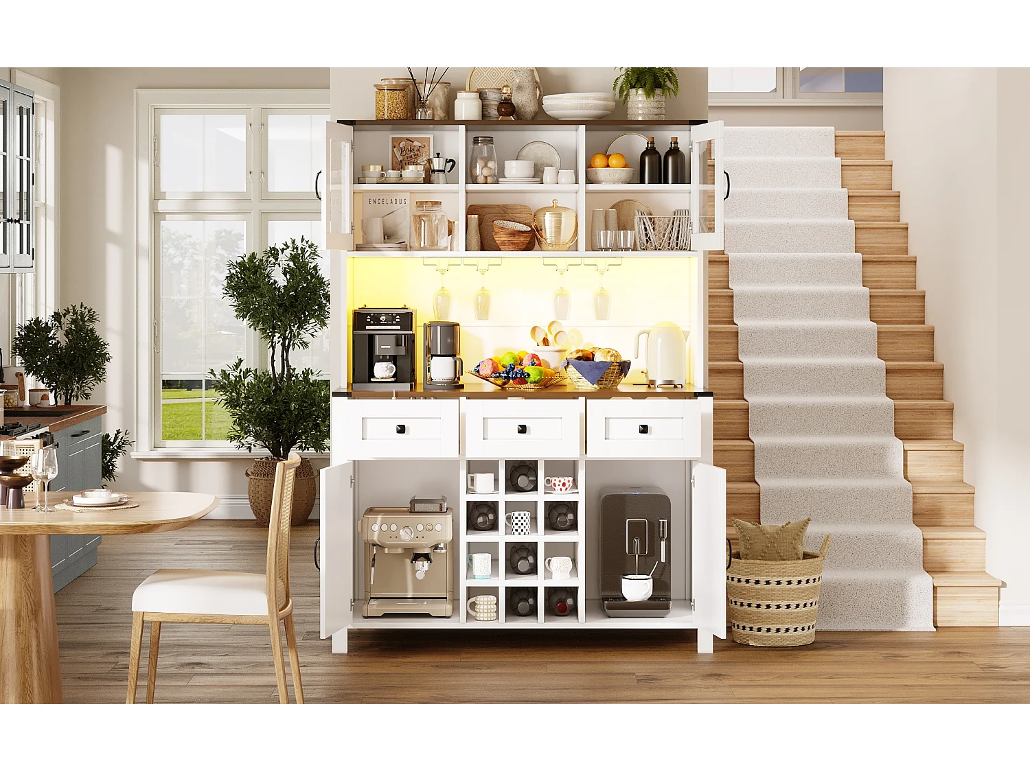 Buffet haut de cuisine moderne - 120 x 40 x 170 cm - avec Leds + USB + 4 portes + 3 tiroirs + étagères - MDF + verre - blanc