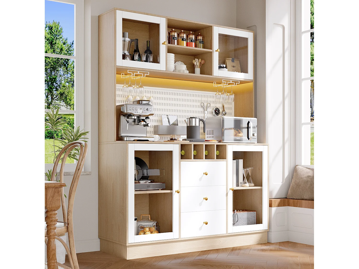 Buffet haut de cuisine moderne - 140 x 40 x 185.7 cm - avec 4 portes en verre + 3 tiroirs + étagères + Leds - MDF + verre - blanc