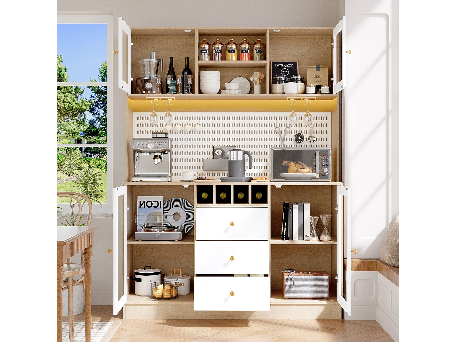 Buffet haut de cuisine moderne - 140 x 40 x 185.7 cm - avec 4 portes en verre + 3 tiroirs + étagères + Leds - MDF + verre - blanc