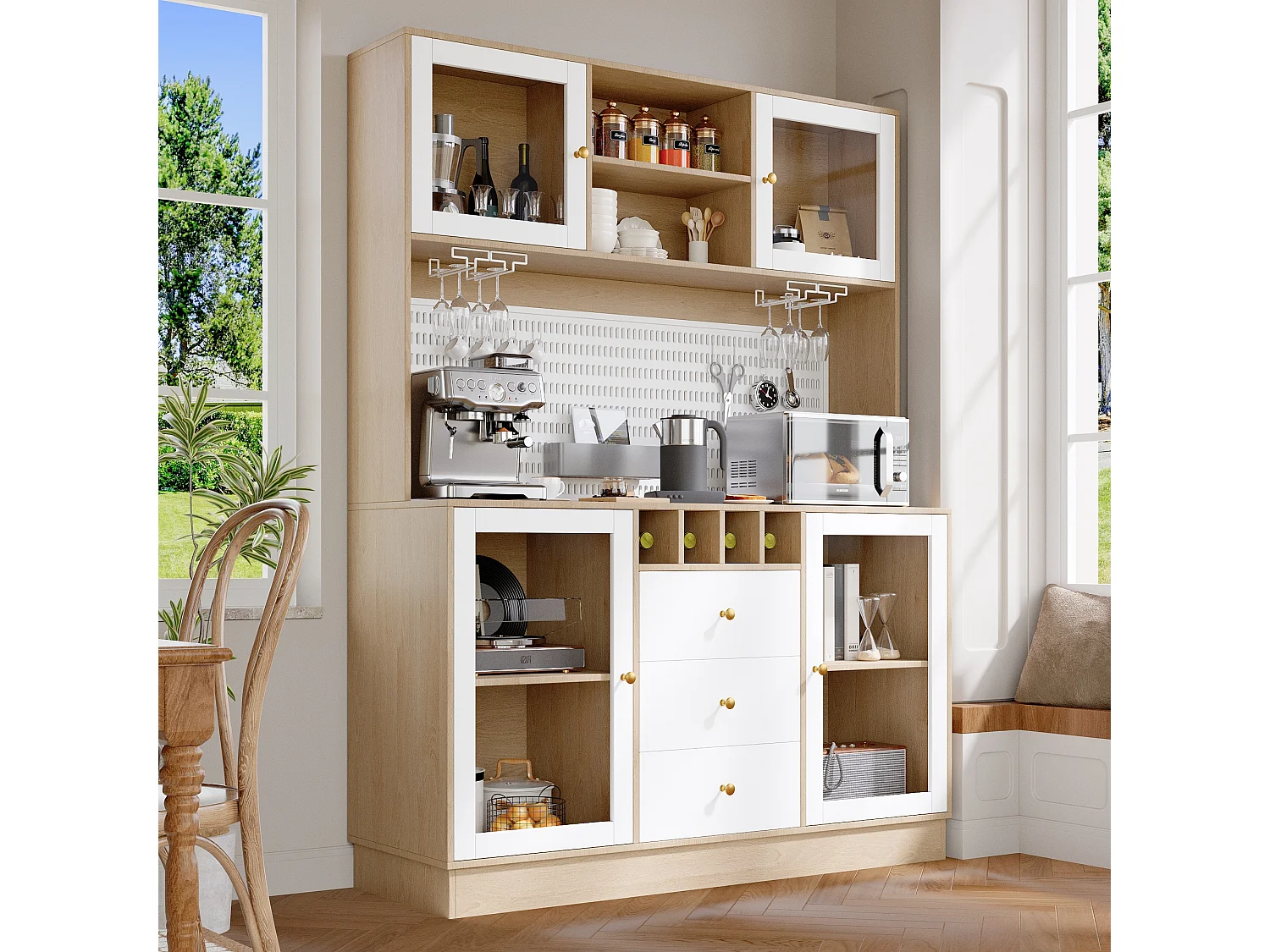 Buffet haut de cuisine moderne - 140 x 40 x 185.7 cm - avec 4 portes en verre + 3 tiroirs + étagères + Leds - MDF + verre - blanc