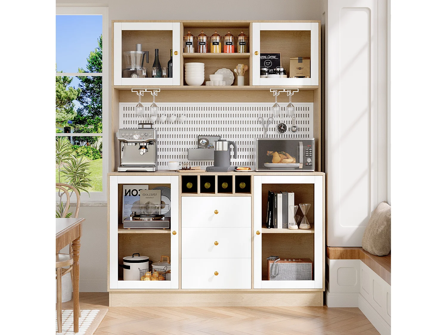 Buffet haut de cuisine moderne - 140 x 40 x 185.7 cm - avec 4 portes en verre + 3 tiroirs + étagères + Leds - MDF + verre - blanc