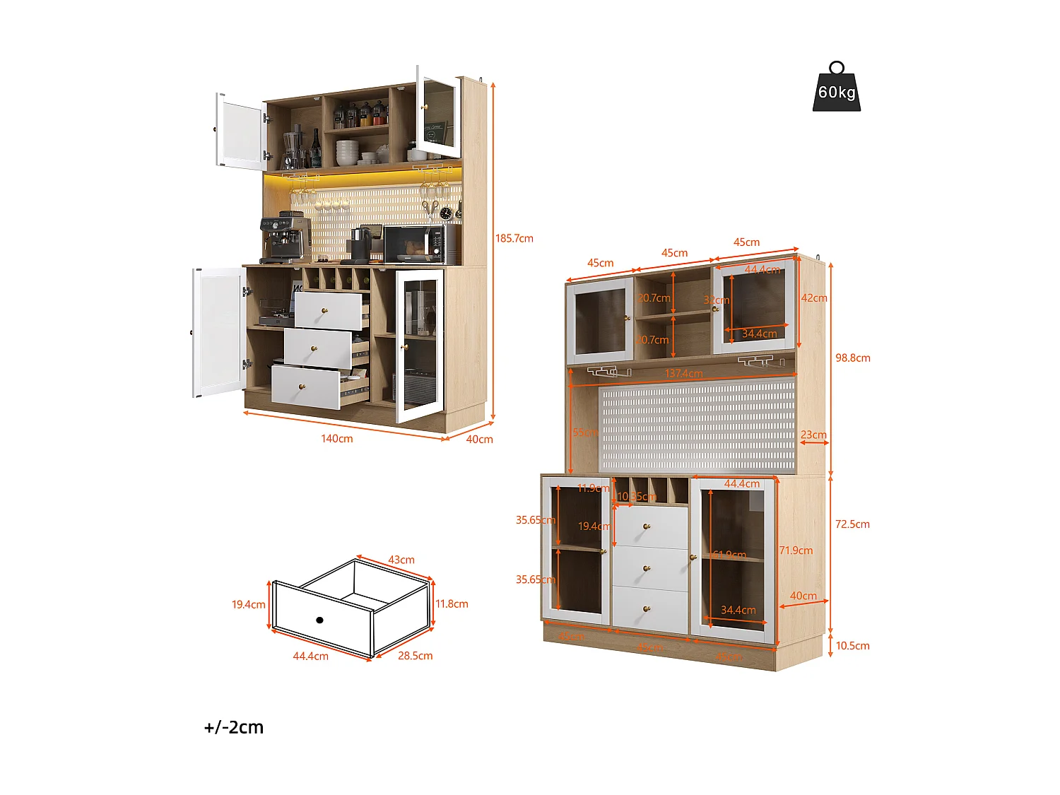 Buffet haut de cuisine moderne - 140 x 40 x 185.7 cm - avec 4 portes en verre + 3 tiroirs + étagères + Leds - MDF + verre - blanc