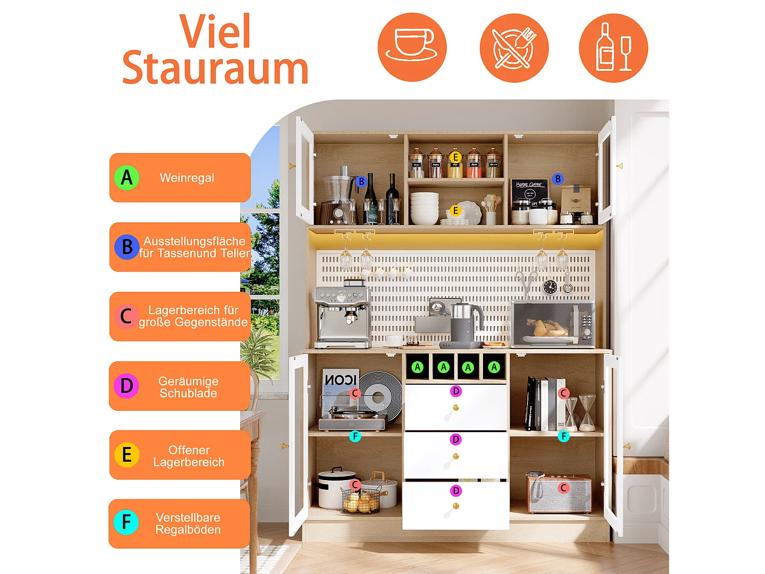 Buffet haut de cuisine moderne - 140 x 40 x 185.7 cm - avec 4 portes en verre + 3 tiroirs + étagères + Leds - MDF + verre - blanc