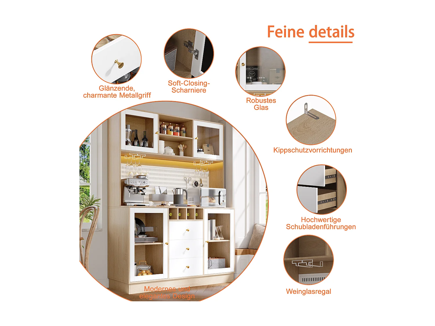 Buffet haut de cuisine moderne - 140 x 40 x 185.7 cm - avec 4 portes en verre + 3 tiroirs + étagères + Leds - MDF + verre - blanc