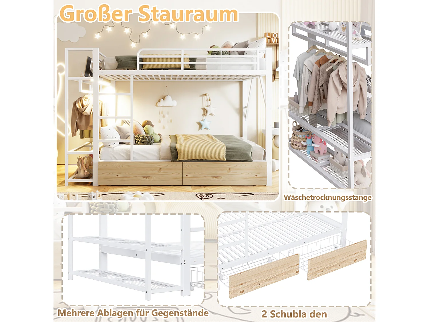 Lit superposé pour enfant - 2 x 140 x 200 cm - structure en fer - avec 2 tiroirs + étagères + Leds - métal - blanc