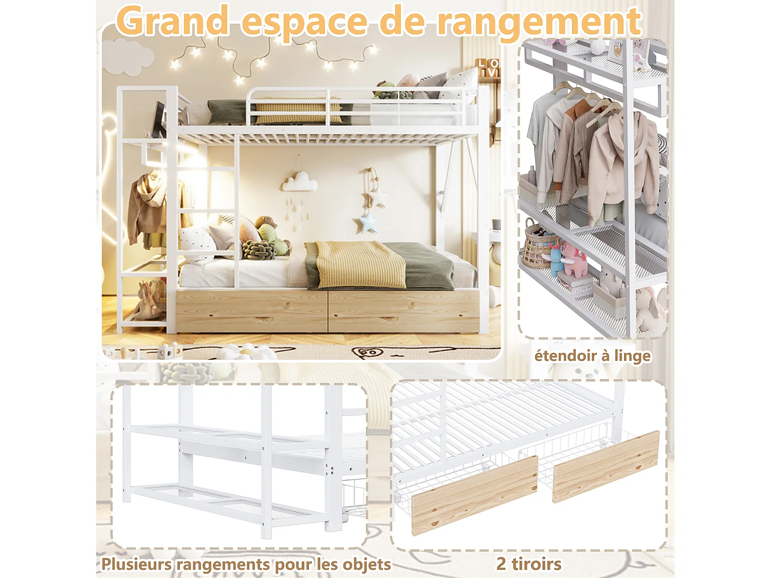 Lit superposé pour enfant - 2 x 140 x 200 cm - structure en fer - avec 2 tiroirs + étagères + Leds - métal - blanc