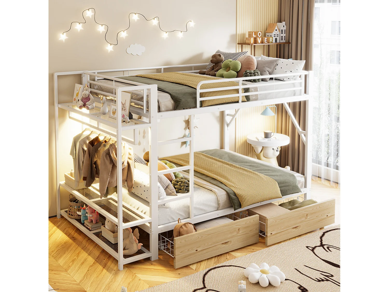 Lit superposé pour enfant - 2 x 140 x 200 cm - structure en fer - avec 2 tiroirs + étagères + Leds - métal - blanc