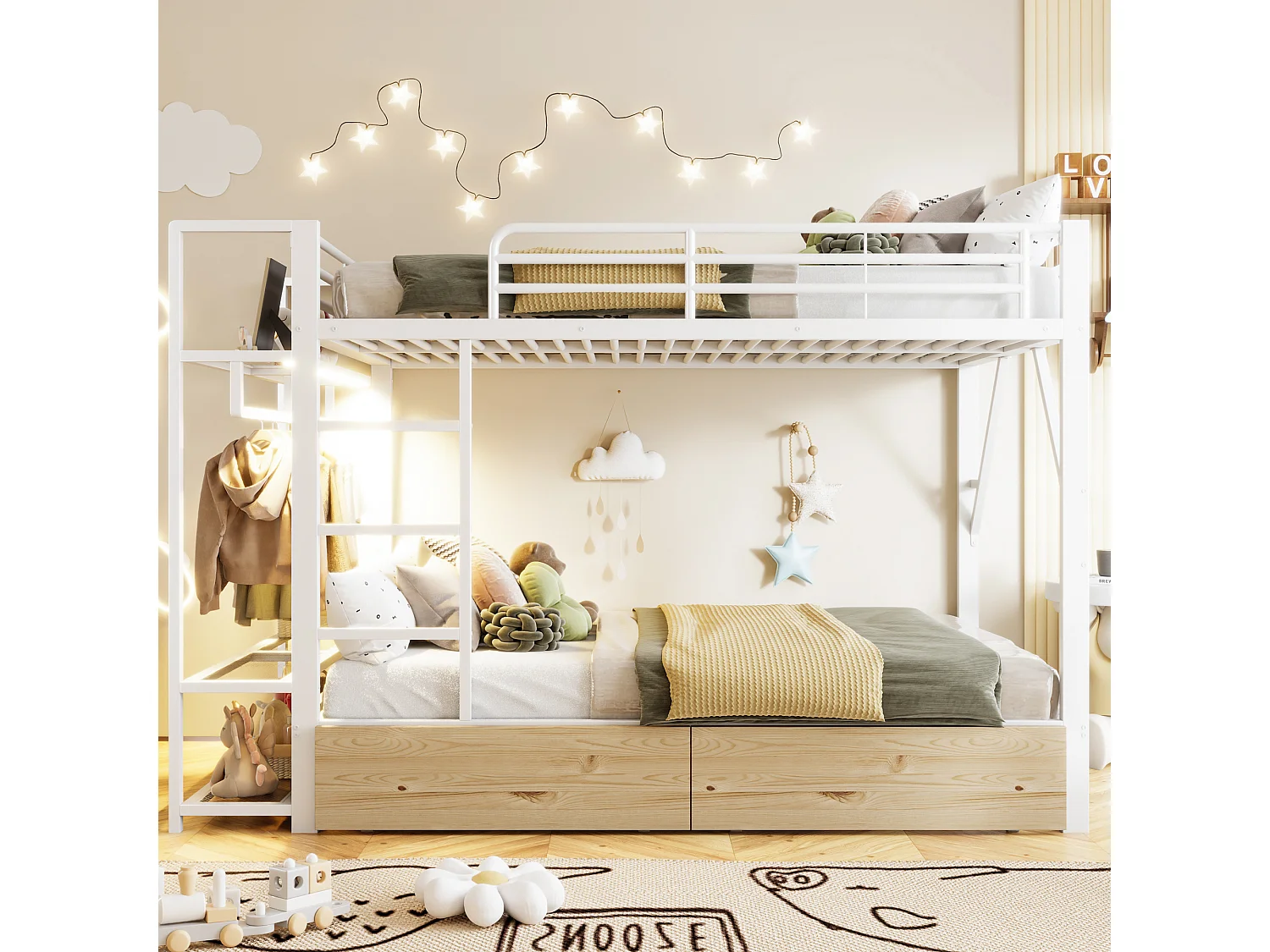 Lit superposé pour enfant - 2 x 140 x 200 cm - structure en fer - avec 2 tiroirs + étagères + Leds - métal - blanc