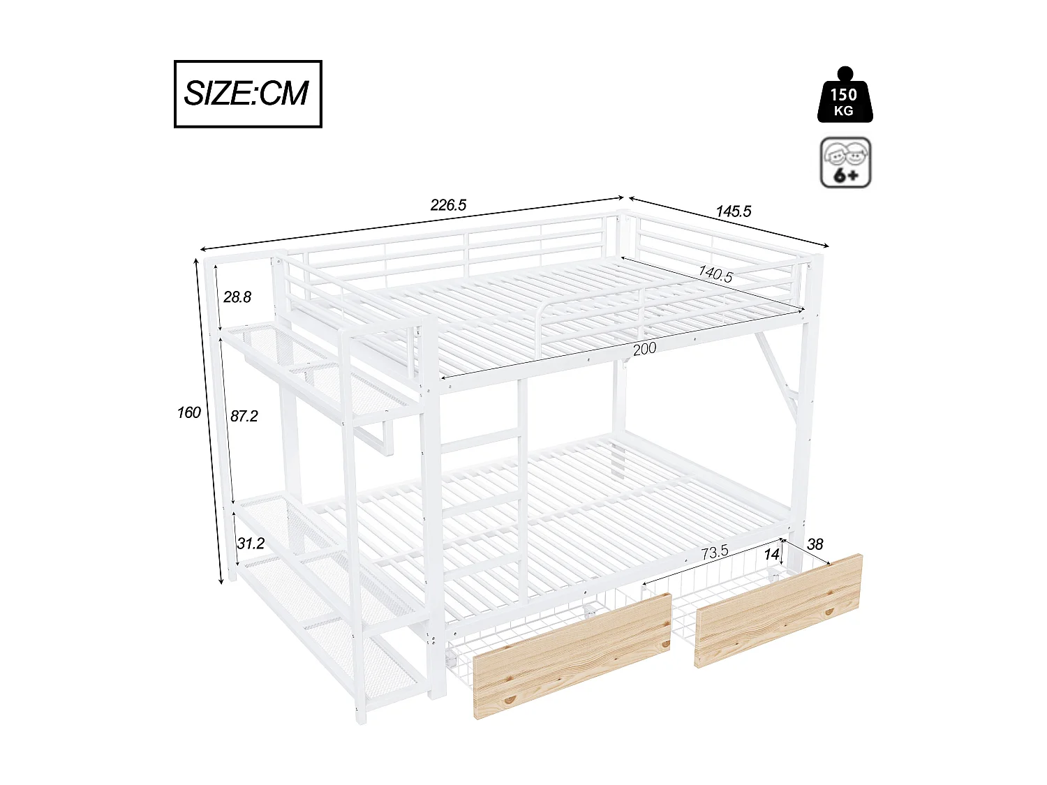 Lit superposé pour enfant - 2 x 140 x 200 cm - structure en fer - avec 2 tiroirs + étagères + Leds - métal - blanc