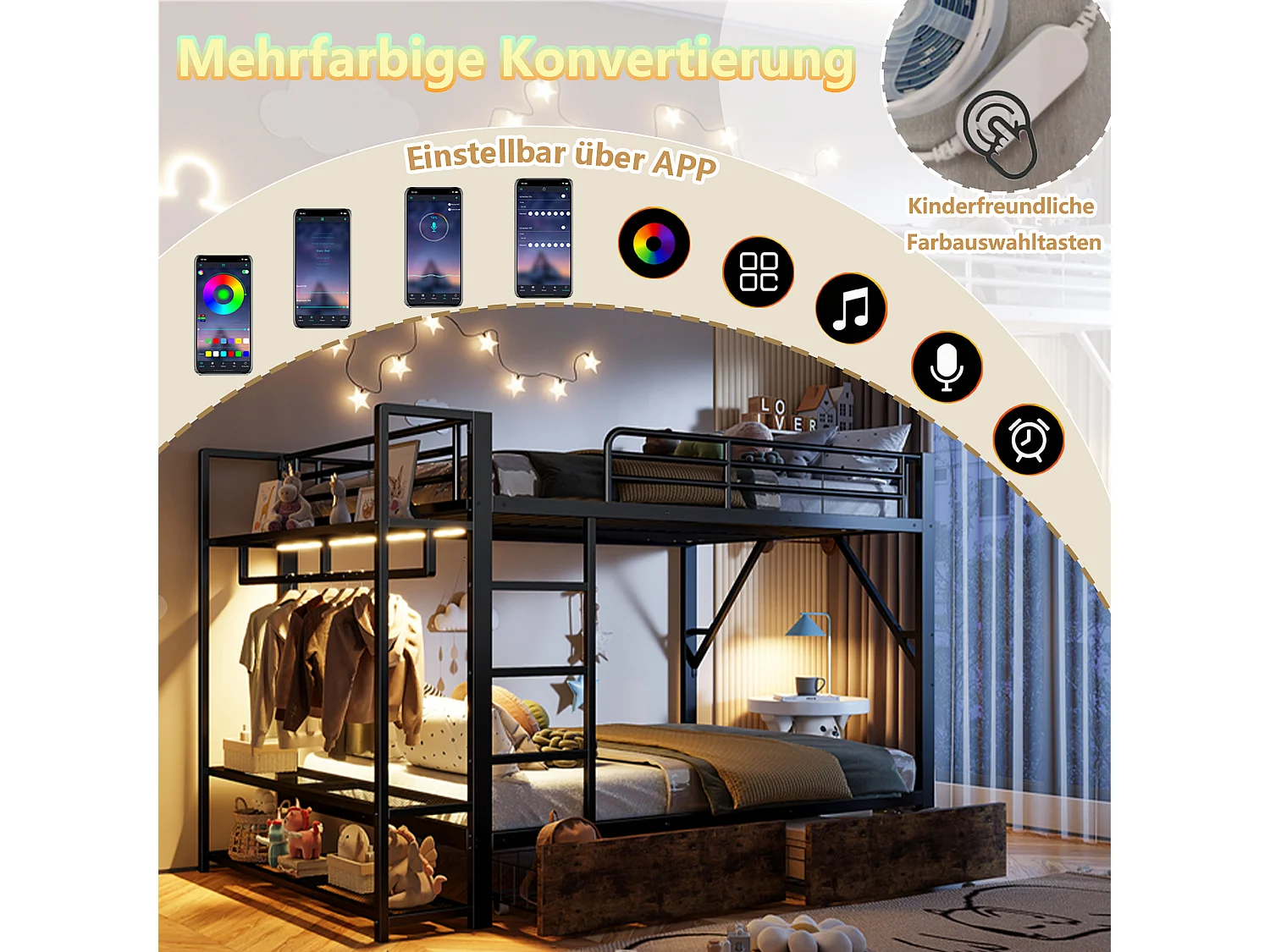 Lit superposé pour enfant - 2 x 140 x 200 cm - structure en fer - avec 2 tiroirs + étagères + Leds - métal - noir