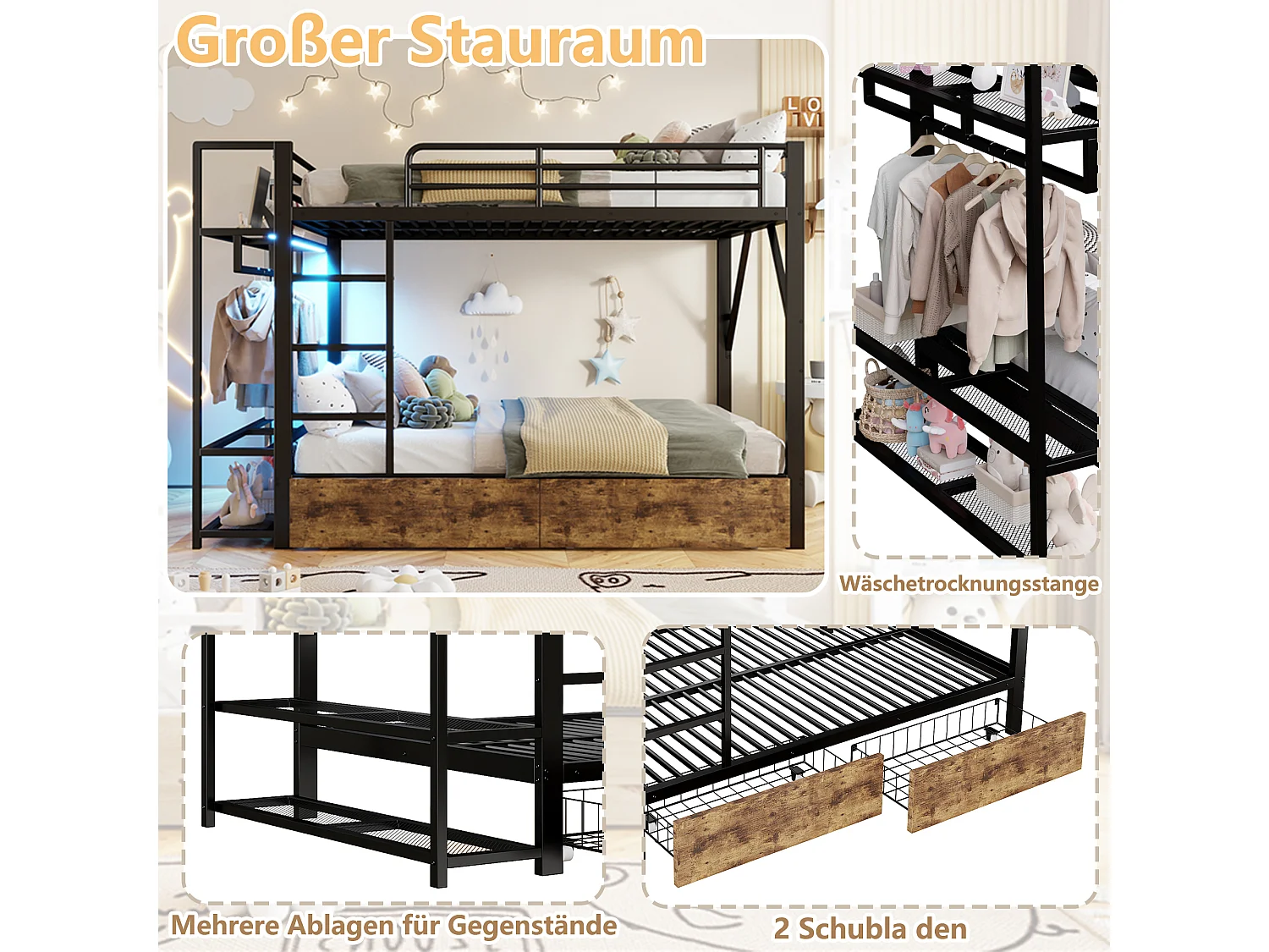 Lit superposé pour enfant - 2 x 140 x 200 cm - structure en fer - avec 2 tiroirs + étagères + Leds - métal - noir