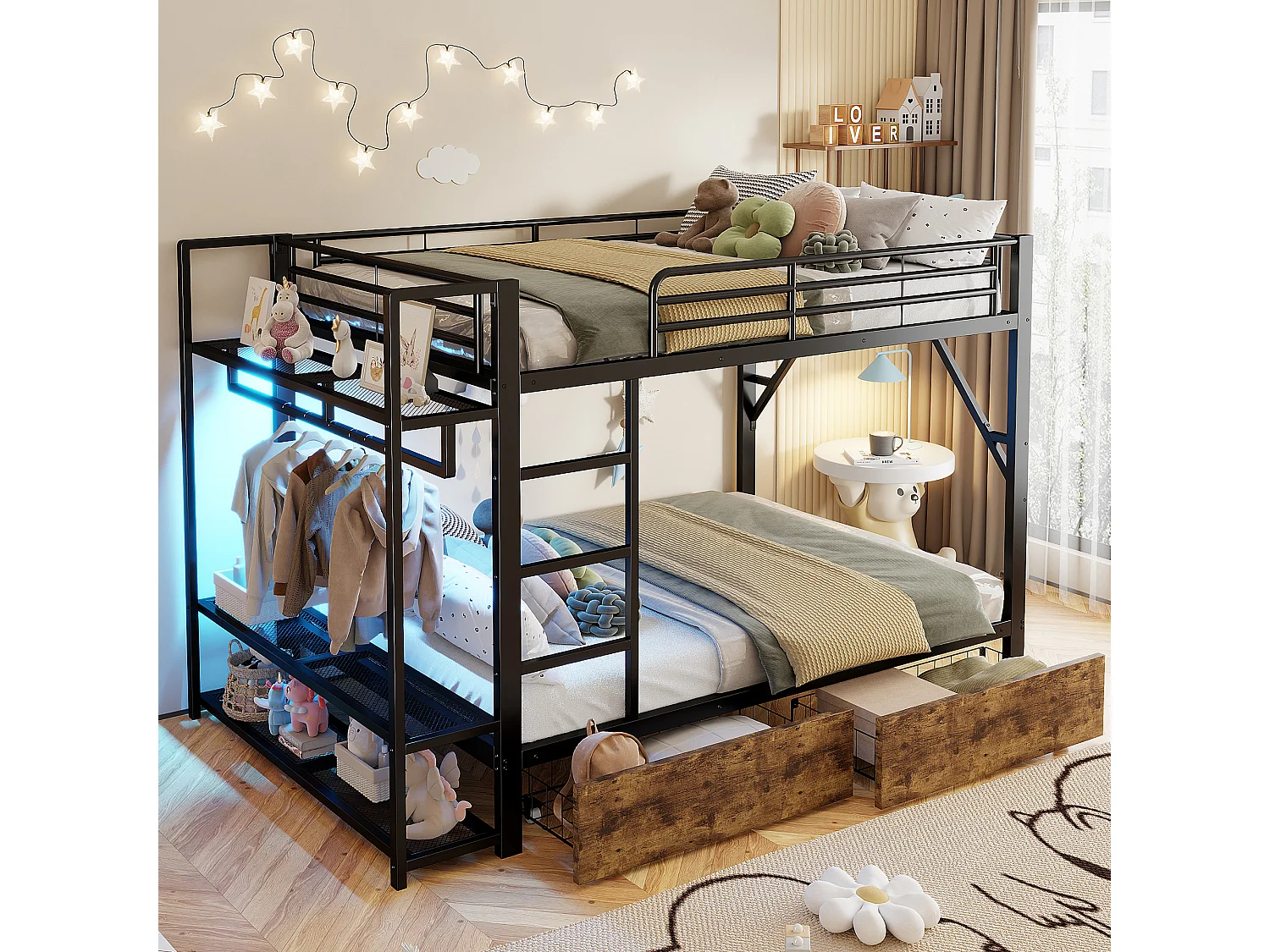 Lit superposé pour enfant - 2 x 140 x 200 cm - structure en fer - avec 2 tiroirs + étagères + Leds - métal - noir