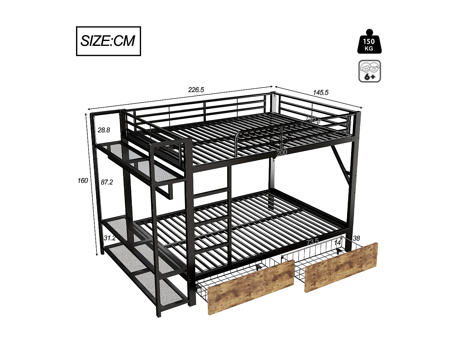 Lit superposé pour enfant - 2 x 140 x 200 cm - structure en fer - avec 2 tiroirs + étagères + Leds - métal - noir