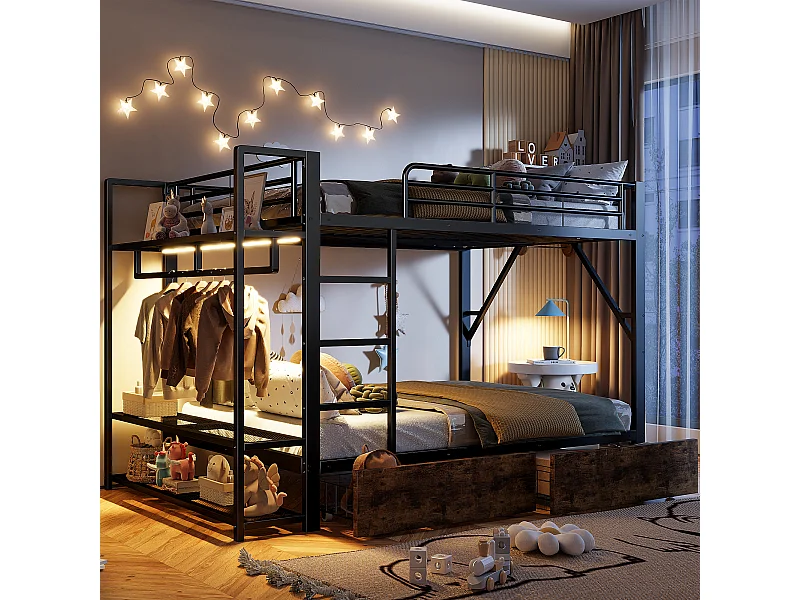 Lit superposé pour enfant - 2 x 140 x 200 cm - structure en fer - avec 2 tiroirs + étagères + Leds - métal - noir