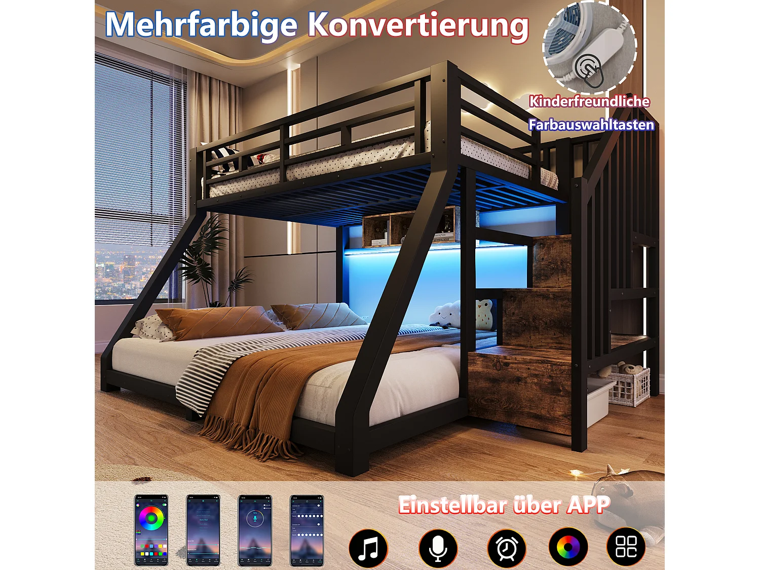 Lit superposés pour enfant - 90 x 200 cm + 140 x 200 cm - avec Leds + étagère + escalier de rangement - métal - noir