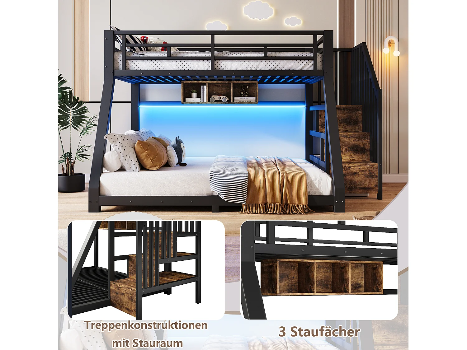 Lit superposés pour enfant - 90 x 200 cm + 140 x 200 cm - avec Leds + étagère + escalier de rangement - métal - noir