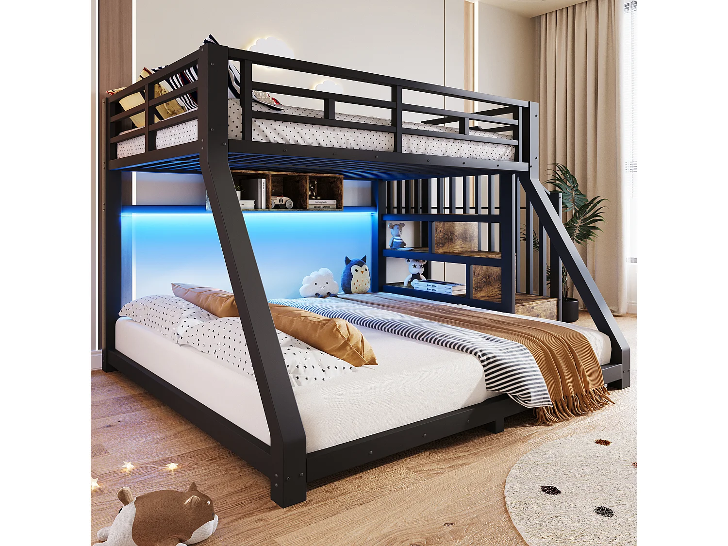 Lit superposés pour enfant - 90 x 200 cm + 140 x 200 cm - avec Leds + étagère + escalier de rangement - métal - noir