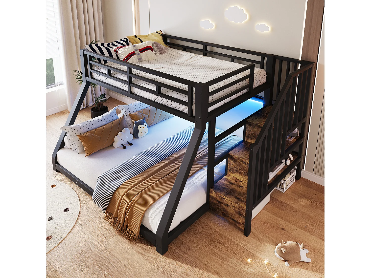 Lit superposés pour enfant - 90 x 200 cm + 140 x 200 cm - avec Leds + étagère + escalier de rangement - métal - noir