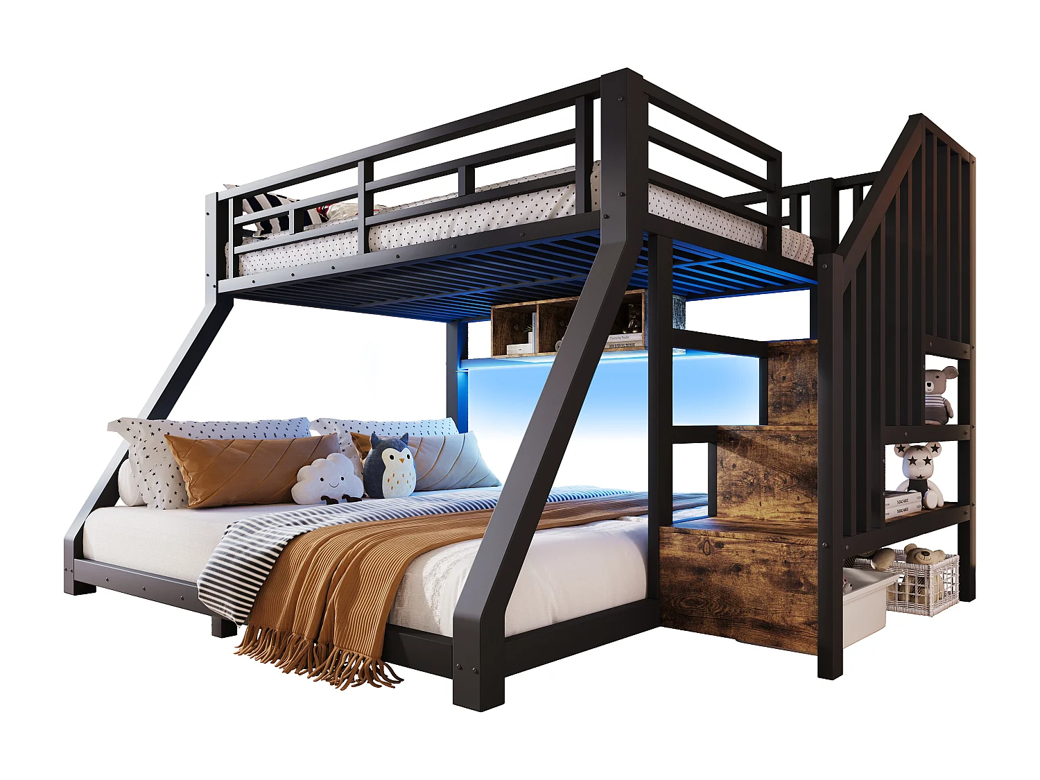 Lit superposés pour enfant - 90 x 200 cm + 140 x 200 cm - avec Leds + étagère + escalier de rangement - métal - noir