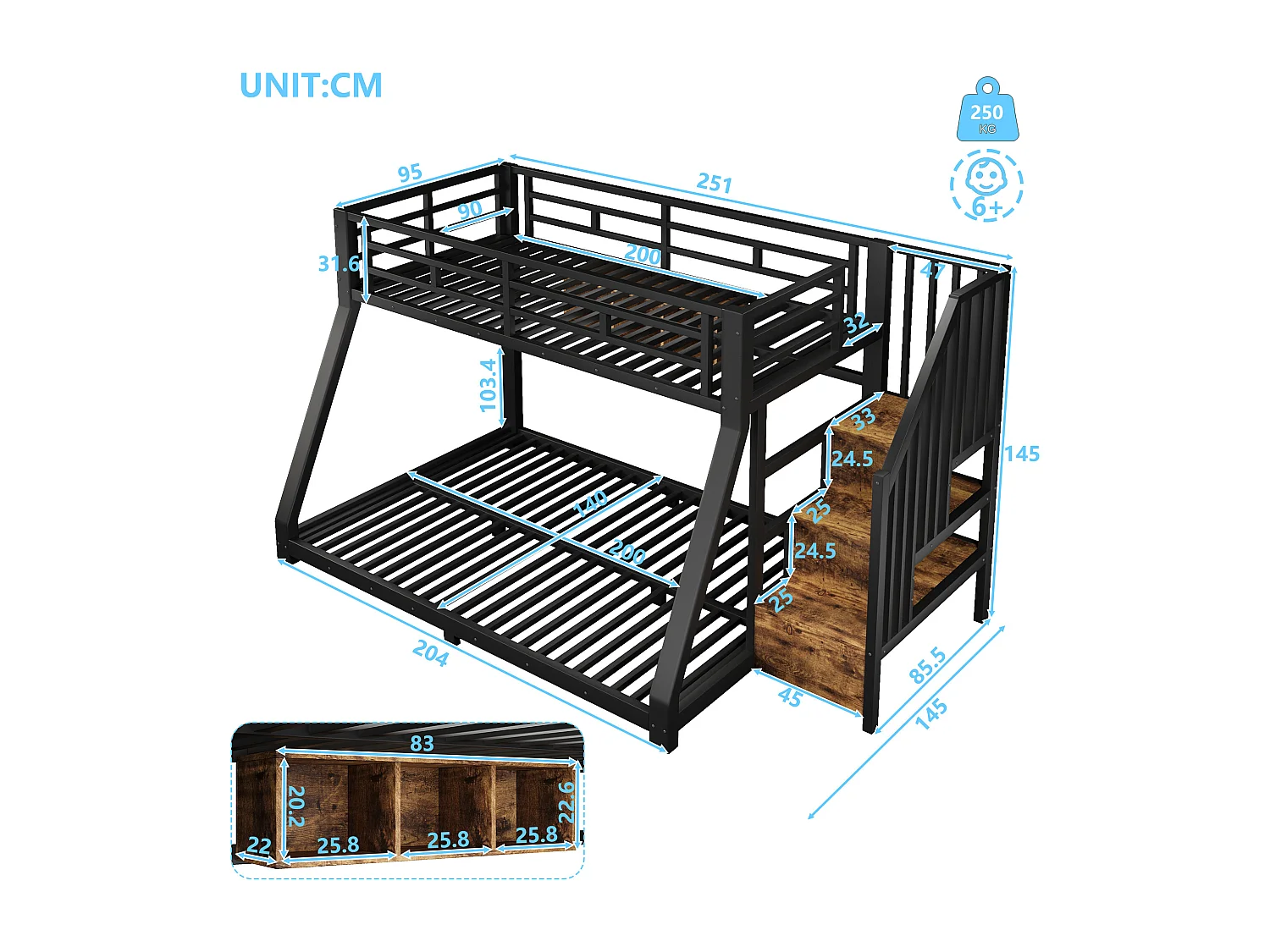 Lit superposés pour enfant - 90 x 200 cm + 140 x 200 cm - avec Leds + étagère + escalier de rangement - métal - noir