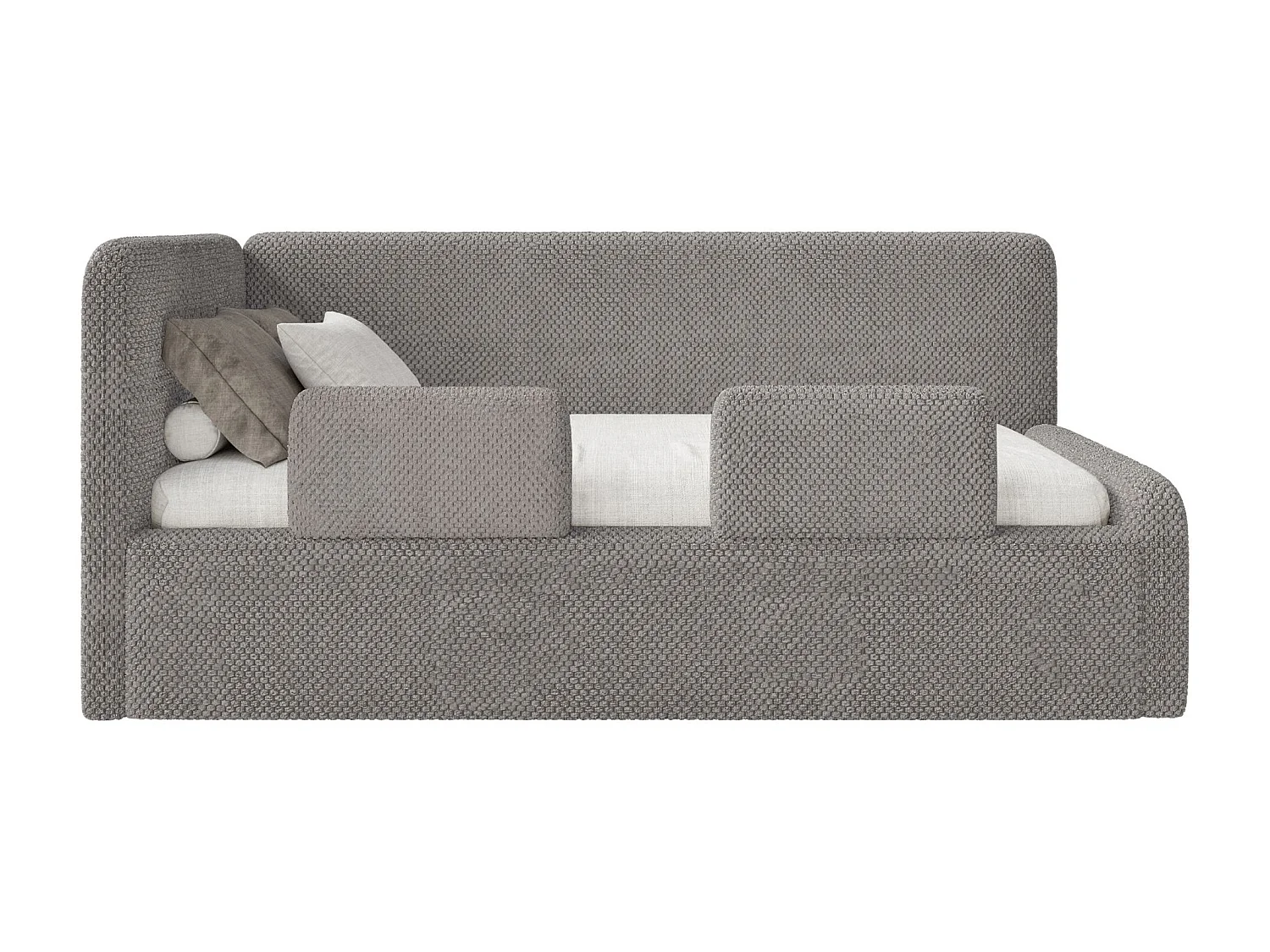 Kinderbed 90x200 met uitvalbeveiliging en hoofdbord links – pluche – taupe – FANKO