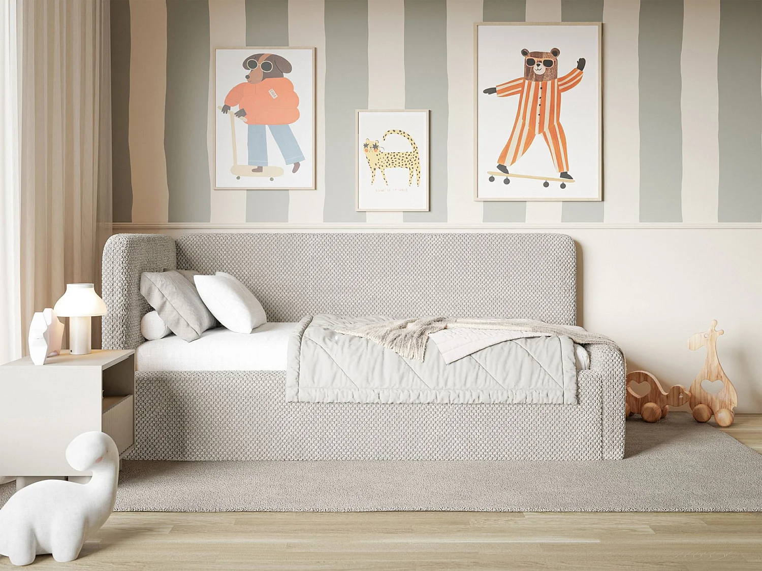 Tienerbed 90x200 met hoofdbord links – pluche – grijsbeige – FANKO