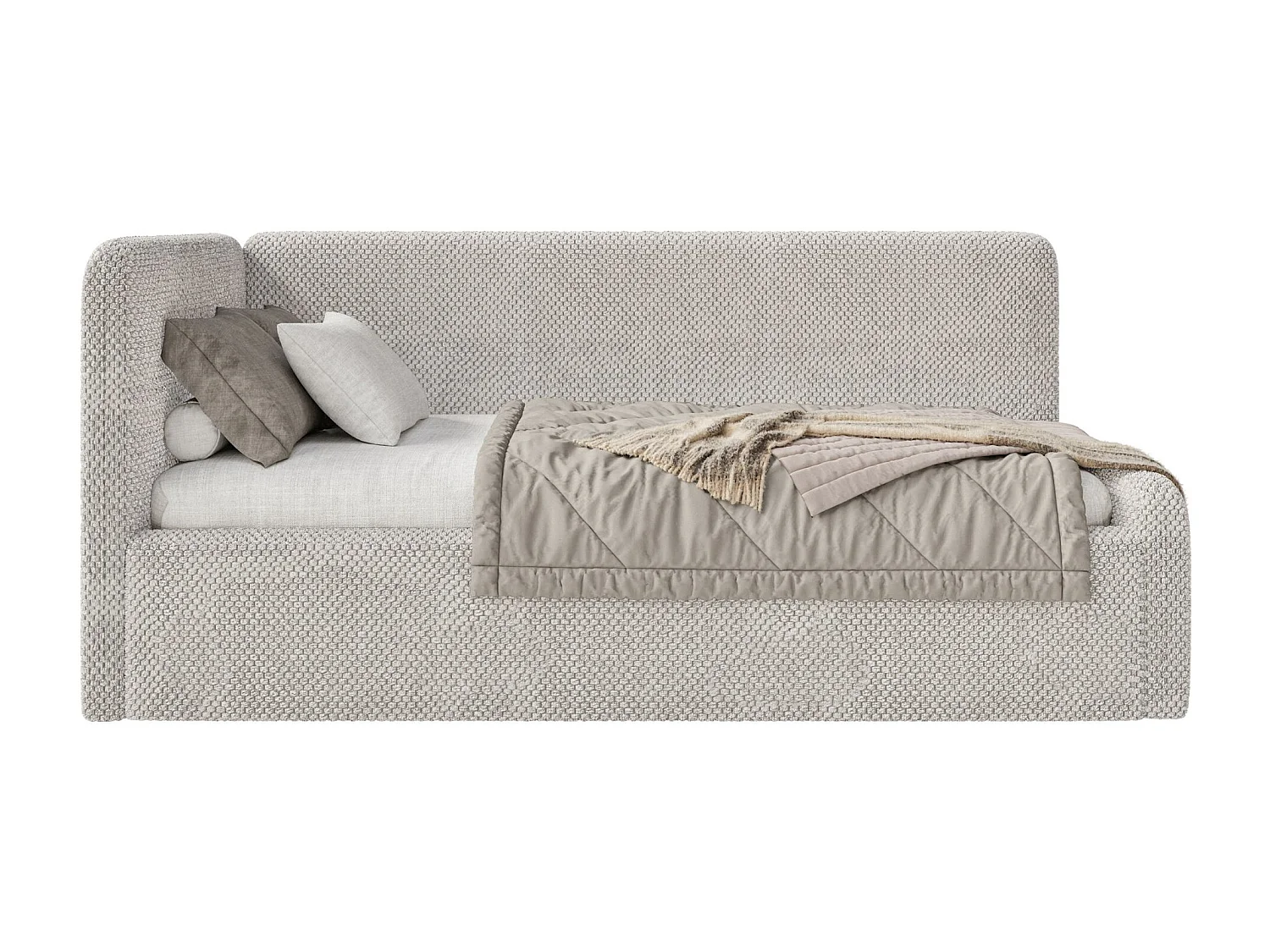 Tienerbed 90x200 met hoofdbord links – pluche – grijsbeige – FANKO