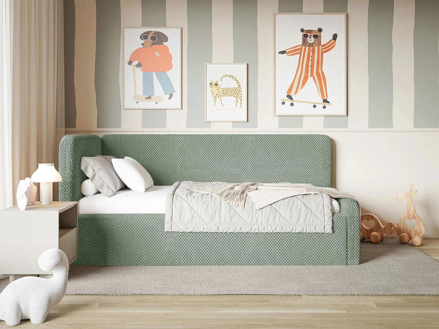 Lit junior 90x200 – matelas, tête de lit à gauche – en peluche – vert sauge – FANKO