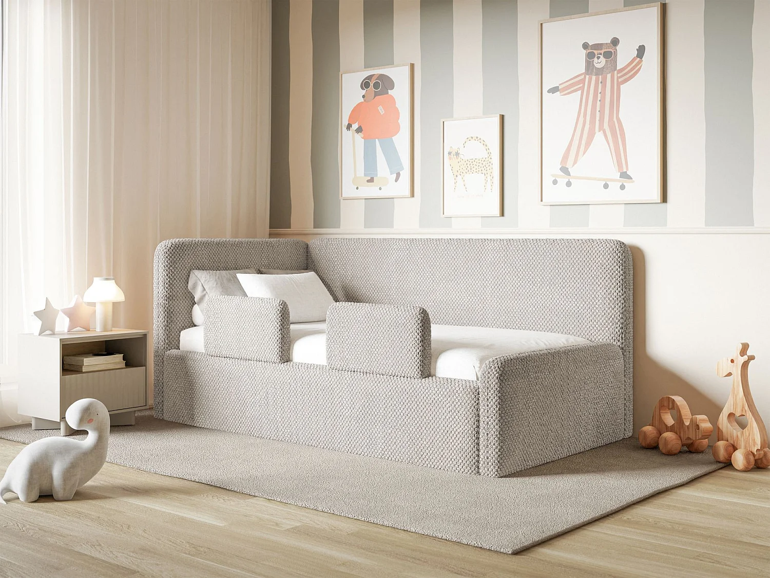 Kinderbed 90x200 met uitvalbeveiliging en hoofdbord links – pluche – grijsbeige – FANKO