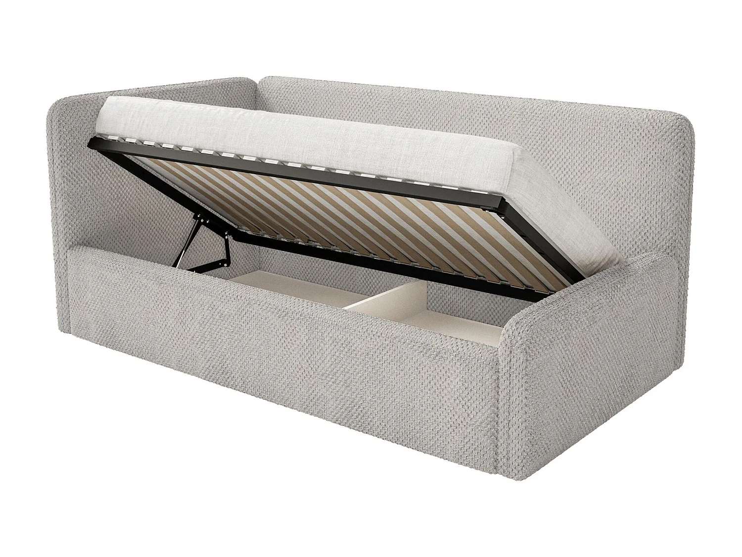 Kinderbed 90x200 met uitvalbeveiliging en hoofdbord links – pluche – grijsbeige – FANKO