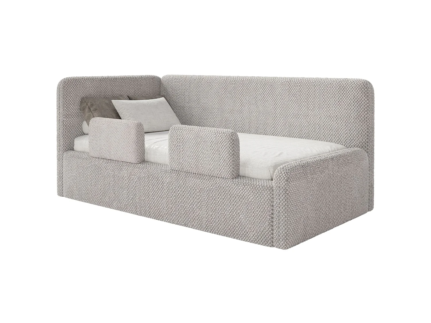 Kinderbed 90x200 met uitvalbeveiliging en hoofdbord links – pluche – grijsbeige – FANKO