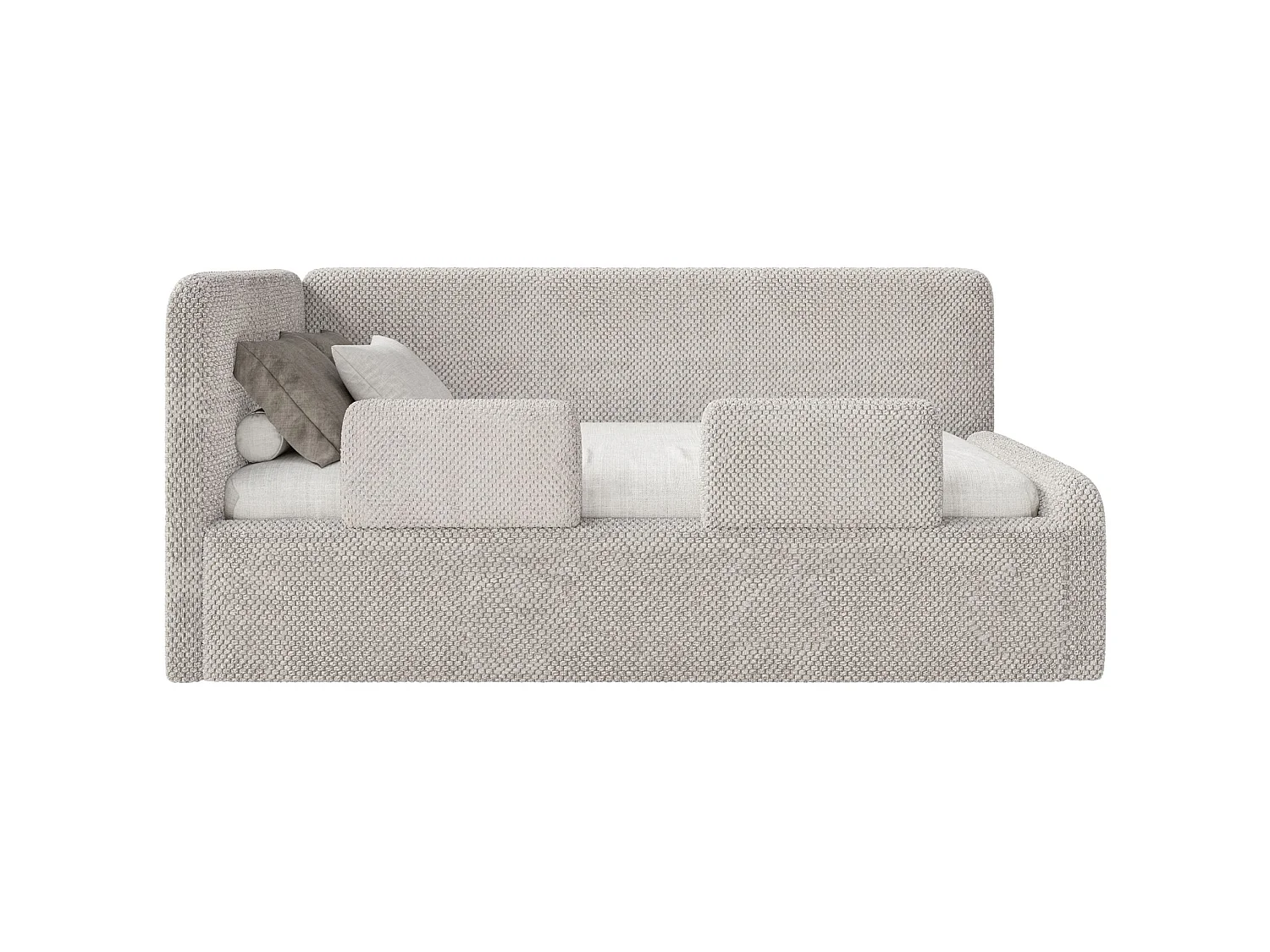 Kinderbed 90x200 met uitvalbeveiliging en hoofdbord links – pluche – grijsbeige – FANKO