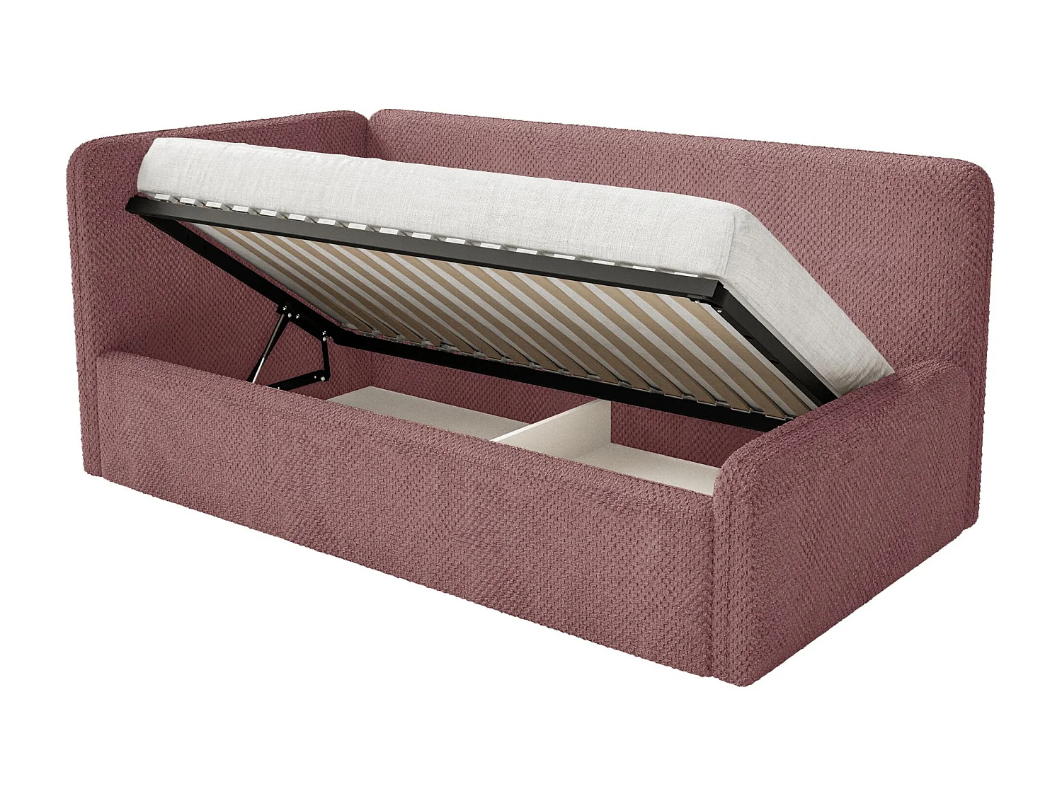 Kinderbed 90x200 met uitvalbeveiliging, matras en hoofdbord links – velours – roze – FANKO
