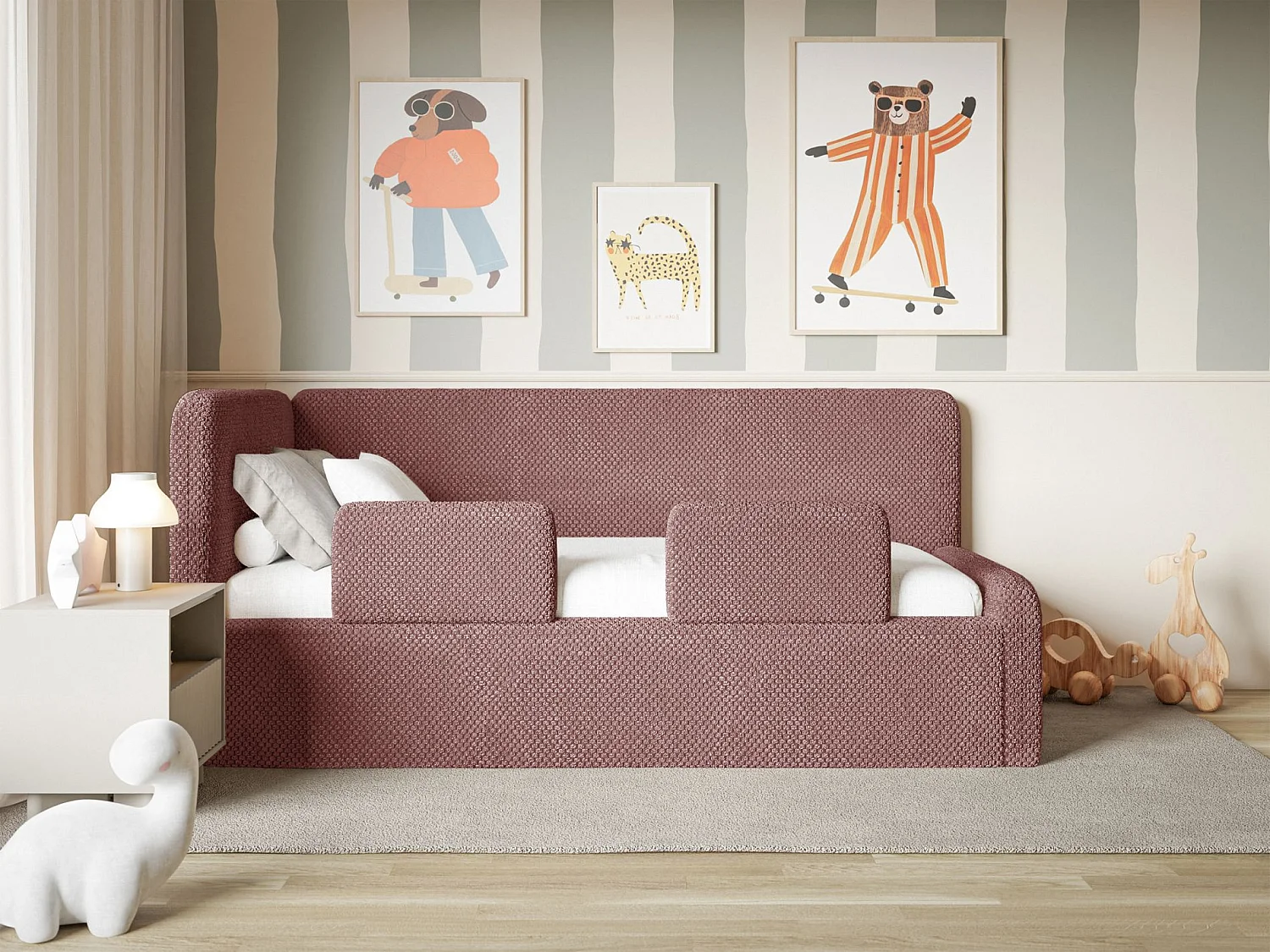 Lit enfant 90x200 – barrière de sécurité, matelas, tête de lit à gauche – en peluche – rose – FANKO