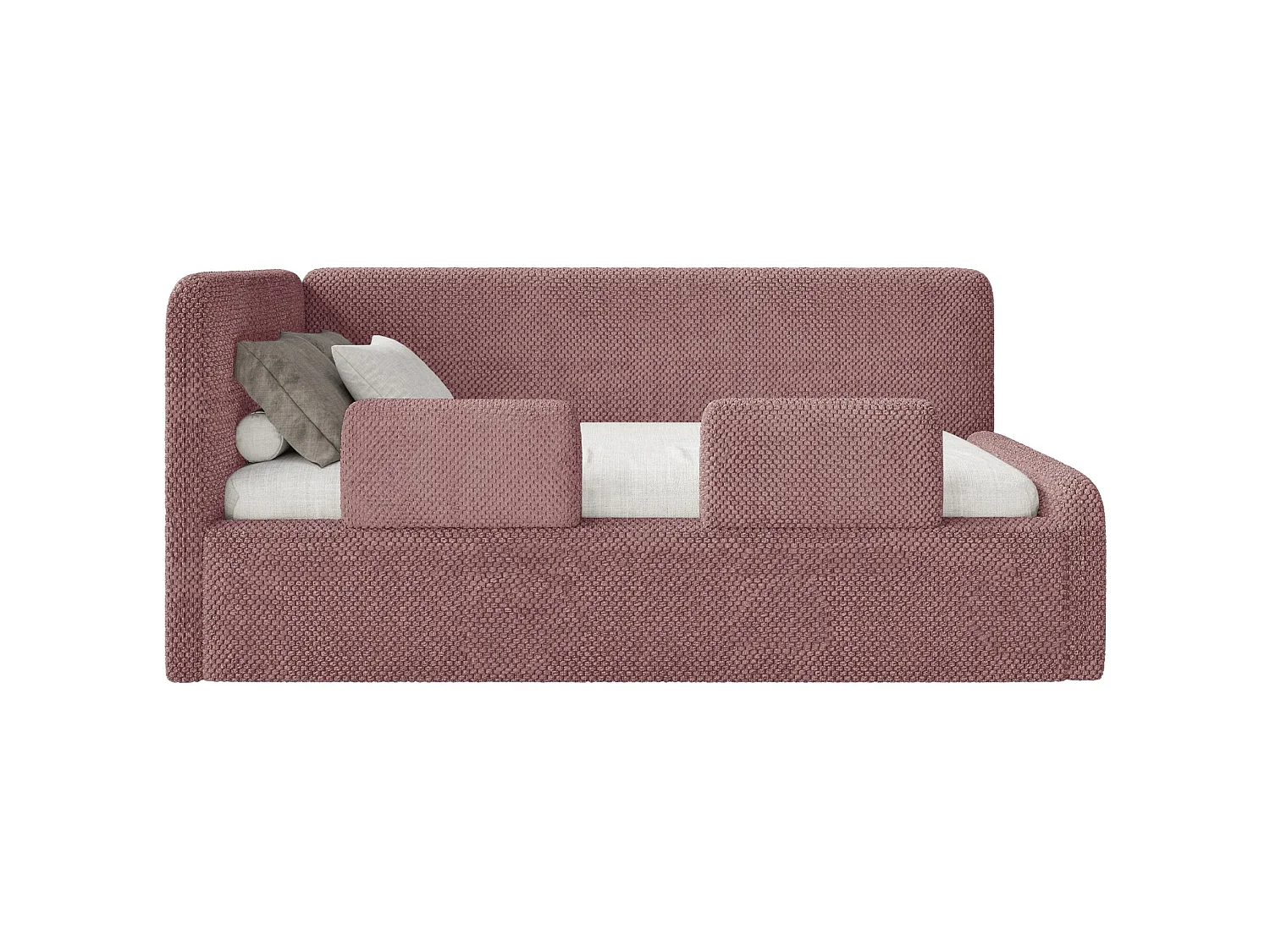 Lit enfant 90x200 – barrière de sécurité, matelas, tête de lit à gauche – en peluche – rose – FANKO