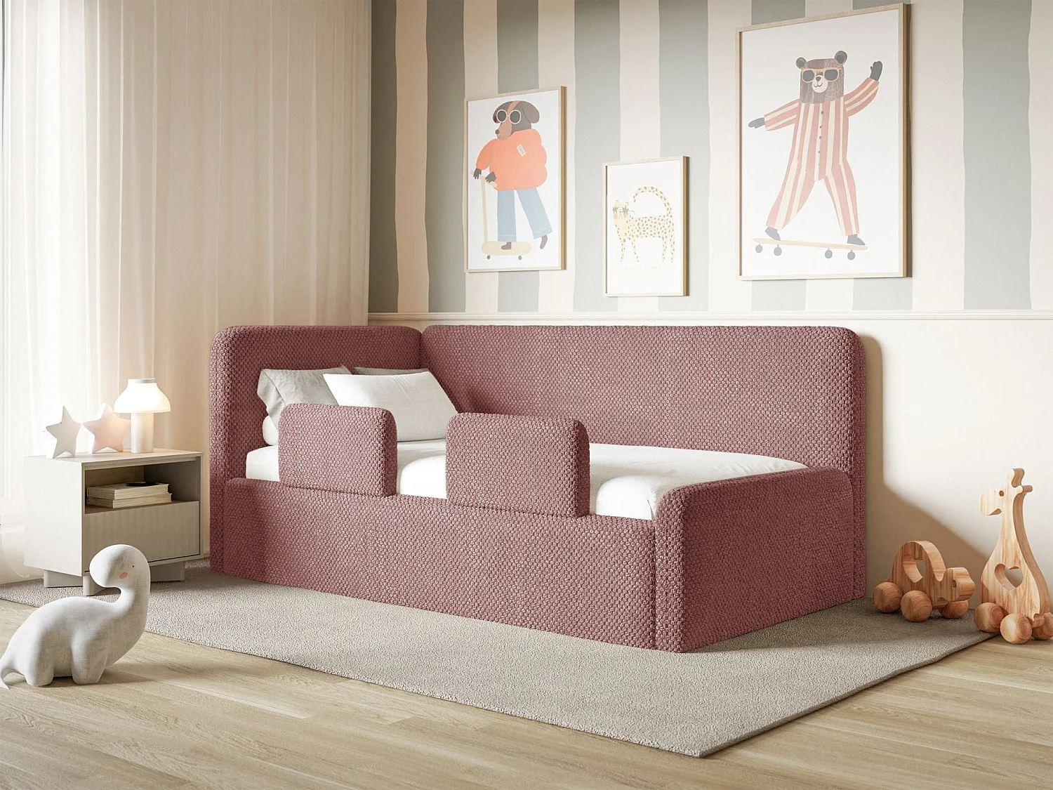 Lit enfant 90x200 – barrière de sécurité, matelas, tête de lit à gauche – en peluche – rose – FANKO