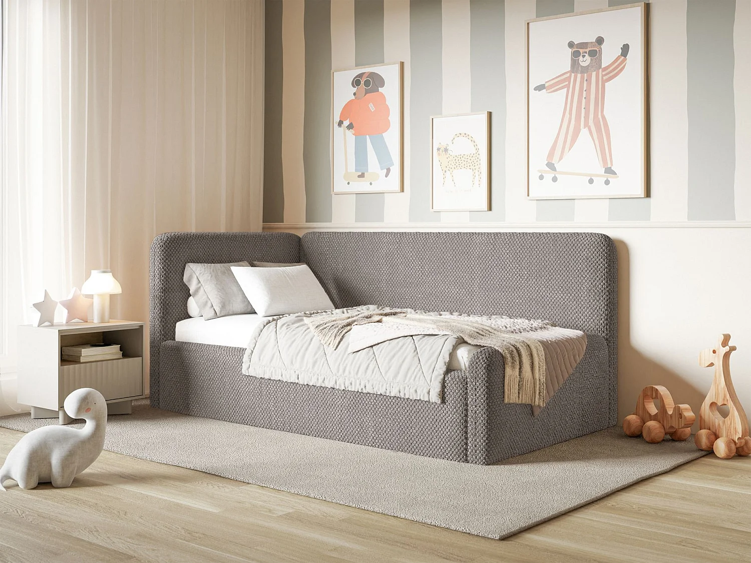 Tienerbed 90x200 met hoofdbord links – pluche – taupe – FANKO