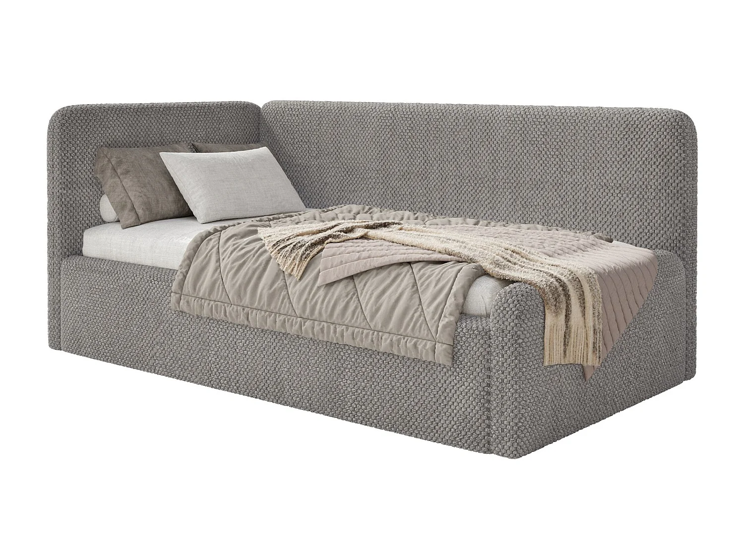 Tienerbed 90x200 met hoofdbord links – pluche – taupe – FANKO