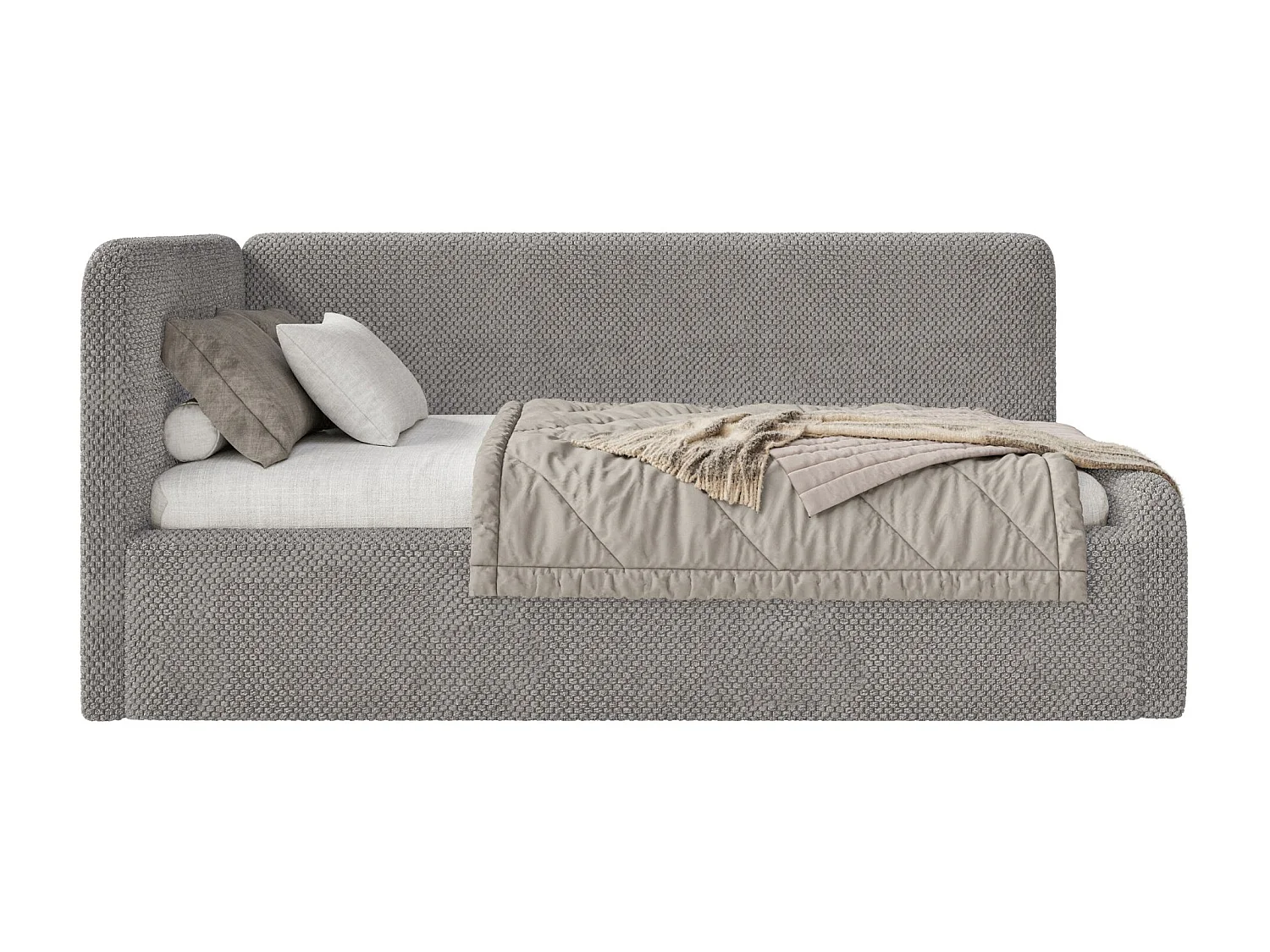Tienerbed 90x200 met hoofdbord links – pluche – taupe – FANKO