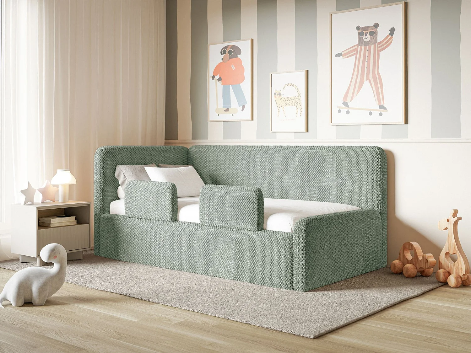 Kinderbed 90x200 met uitvalbeveiliging en hoofdbord links – pluche – saliegroen – FANKO