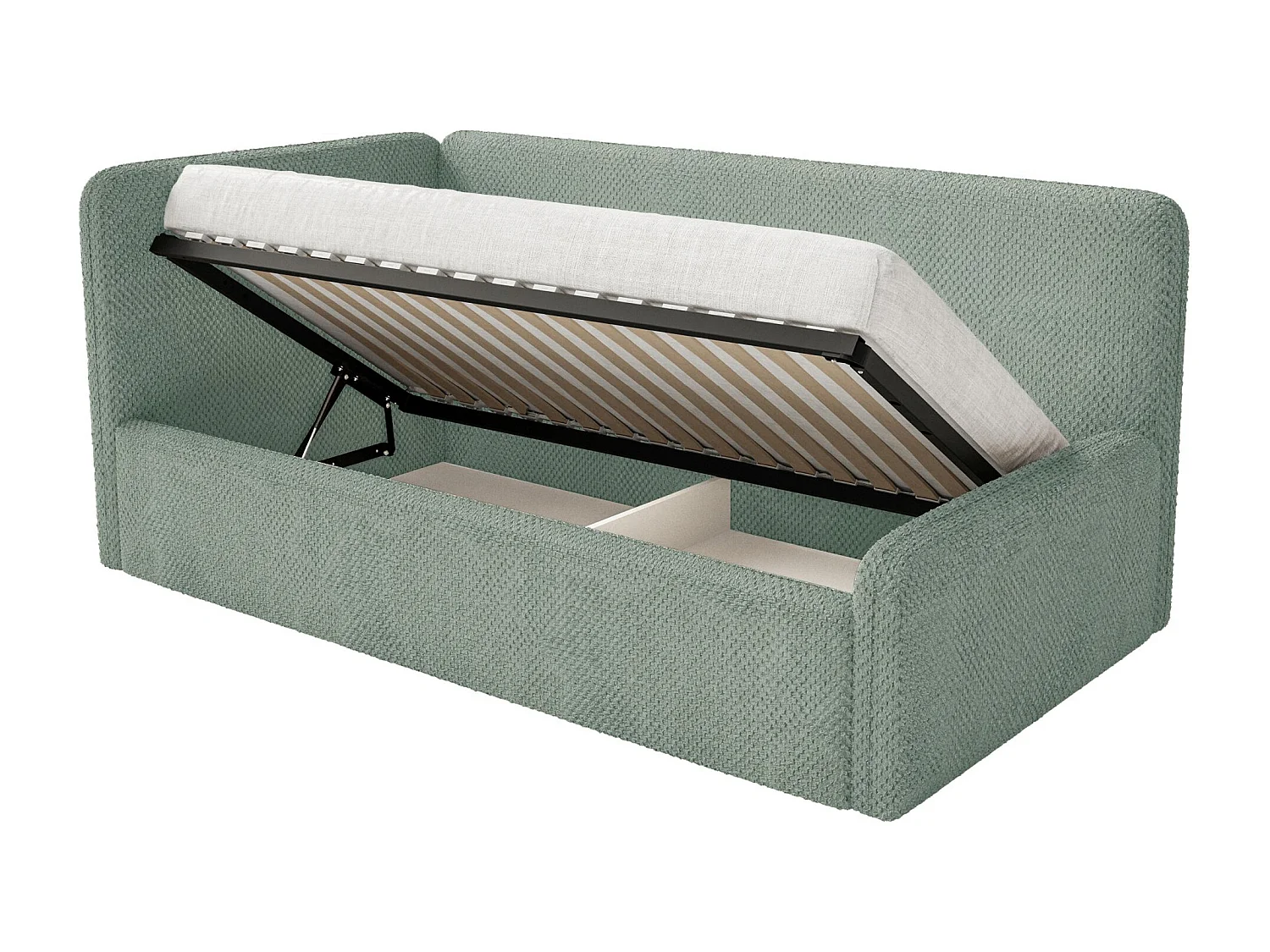 Kinderbed 90x200 met uitvalbeveiliging en hoofdbord links – pluche – saliegroen – FANKO