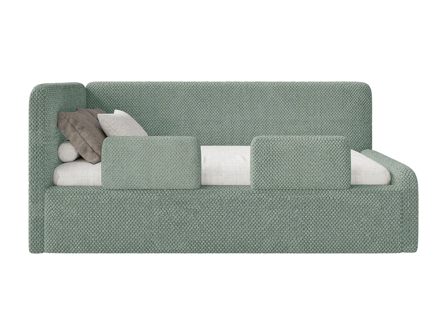 Kinderbed 90x200 met uitvalbeveiliging en hoofdbord links – pluche – saliegroen – FANKO