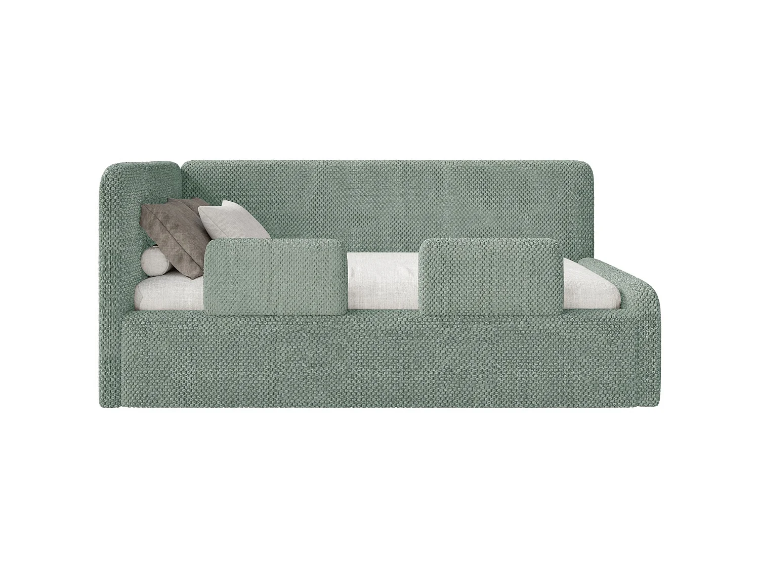 Kinderbett mit Kopfteil links – Rausfallschutz – Plüsch – Salbeigrün – 90x200 cm – FANKO