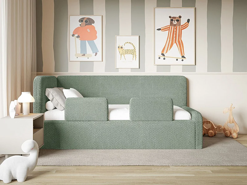 Kinderbed 90x200 met uitvalbeveiliging en hoofdbord links – pluche – saliegroen – FANKO