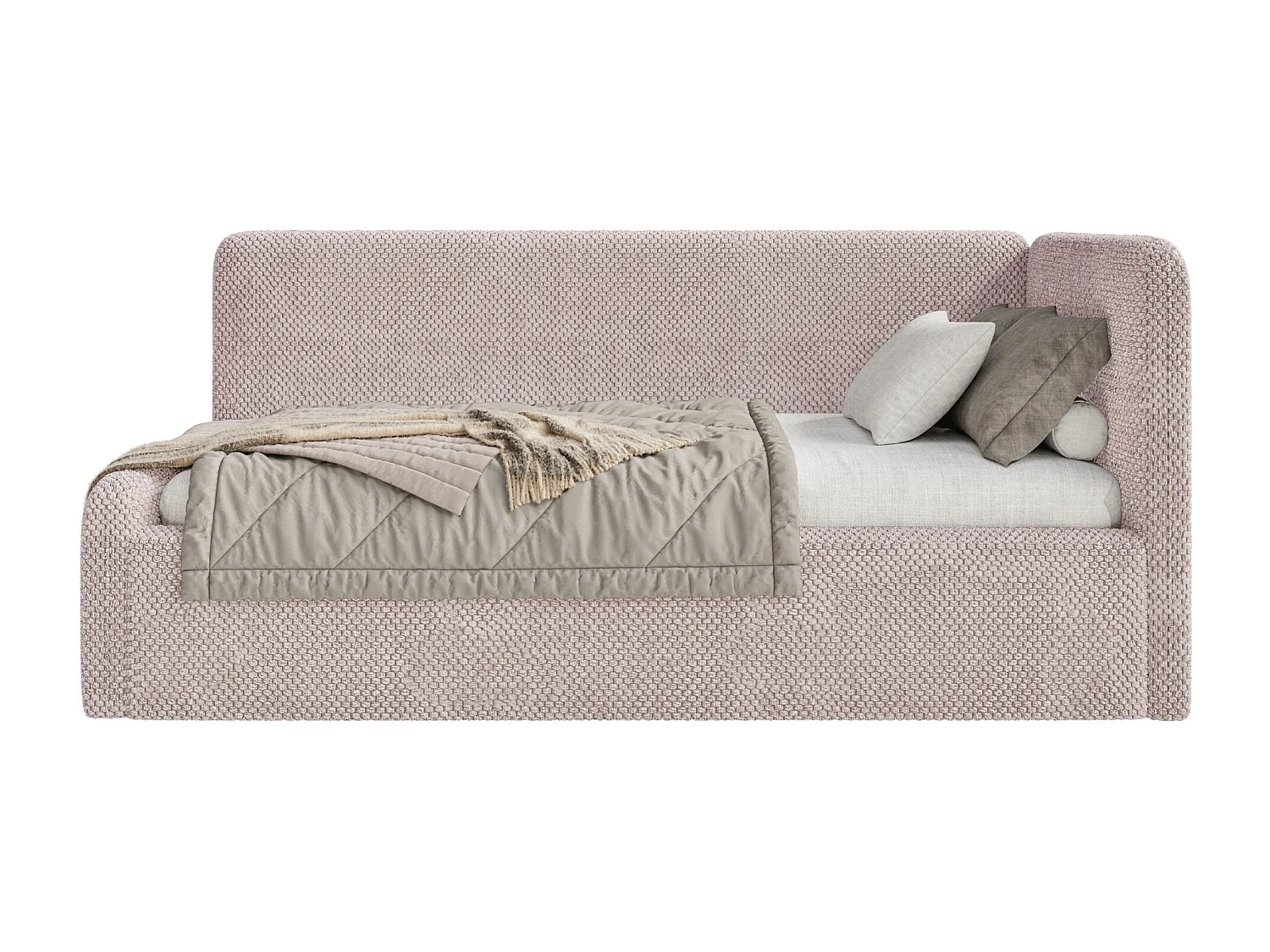 Jugendbett mit Kopfteil rechts – Matratze – Samt – Puderrosa – 90x200 cm – FANKO
