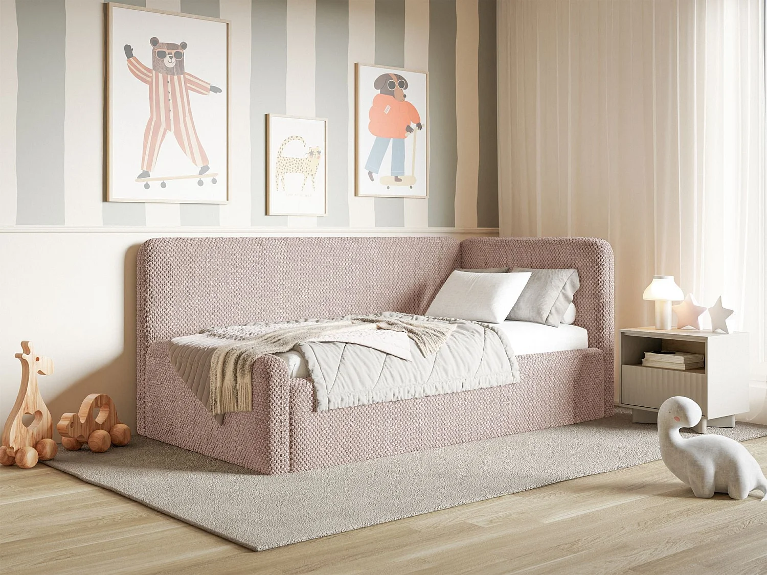 Lit junior 90x200 – barrière de sécurité, matelas, tête de lit à droite – en peluche – rose poudré – FANKO