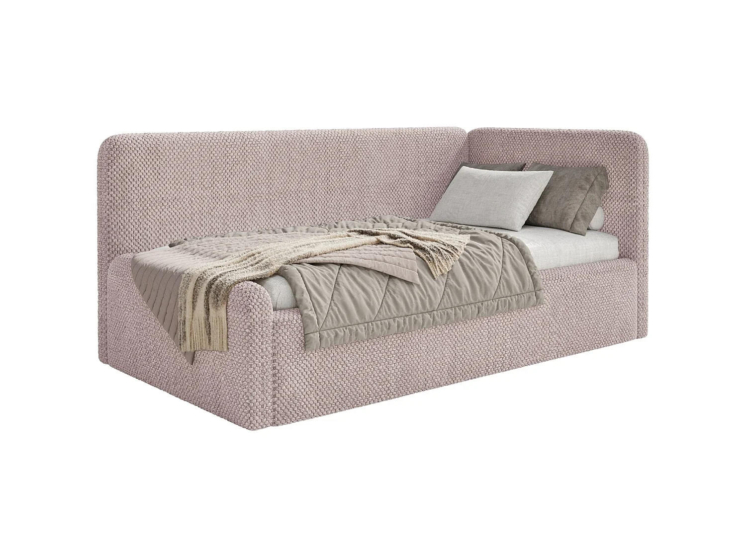 Lit junior 90x200 – barrière de sécurité, matelas, tête de lit à droite – en peluche – rose poudré – FANKO