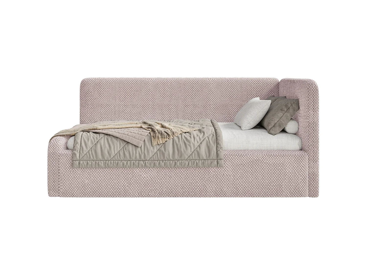 Lit junior 90x200 – barrière de sécurité, matelas, tête de lit à droite – en peluche – rose poudré – FANKO